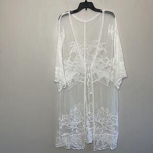 CUPSHE Cover-Up Womens O/S Ivory Sheer Embroidered Lace Tie-Front Wide Sleeves